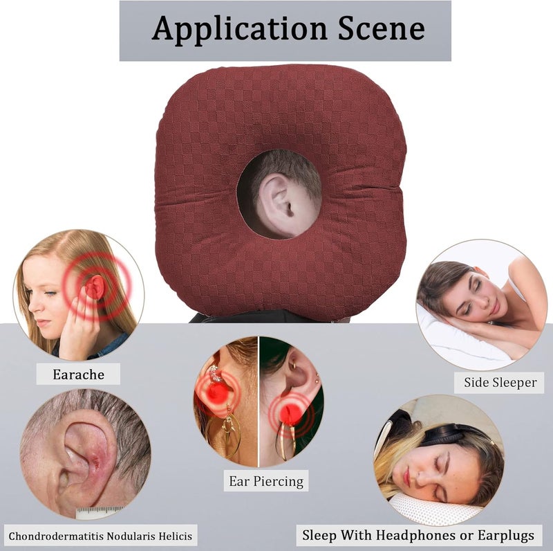 Wuronsa Ear Piercing Pillow for Side Sleepers, Pillow with an Ear Hole for CNH and Ear Pain Ear Inflammation Pressure Sores, O-Shaped Side Sleeping Pillow, Ear Guard Pillow(Dark Red) - Image 2